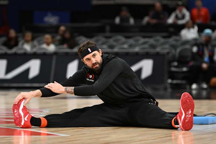 Detroit Pistons forward Joe Harris (31) stretches before a game against the Washington Wizards at Little Caesars Arena.